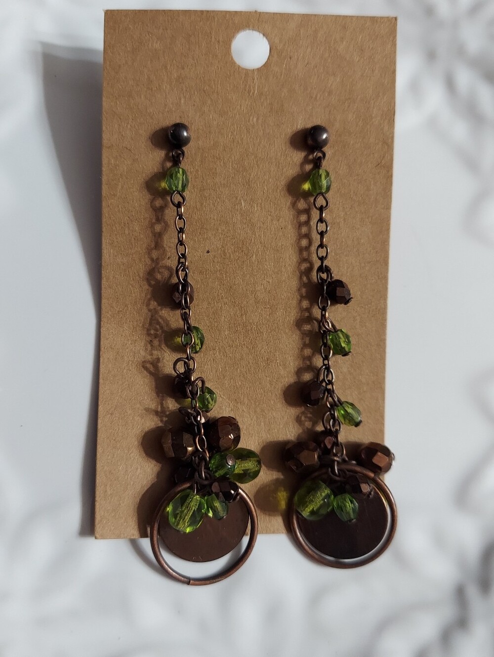 Copper Rolo/Faceted Cut Crystal Charm Long Elegant Drop Earrings